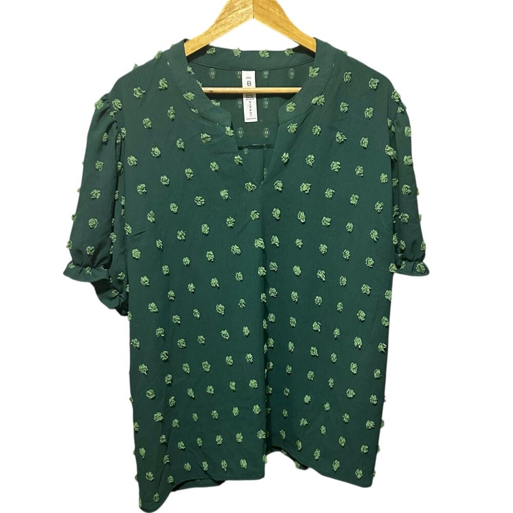 Boutique Women Texture Green Dot Top‎ 2X Puff Shoulder Ruffle Trim Cottagecore